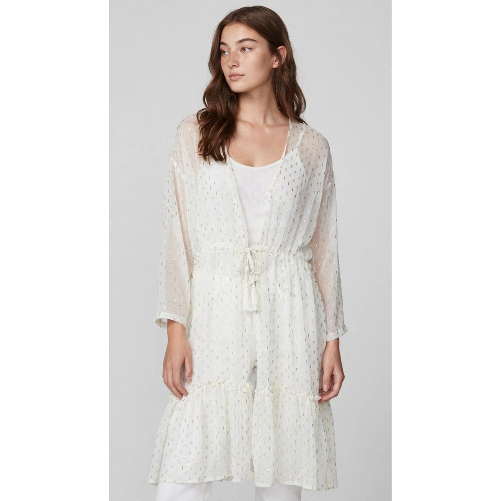 Lauren Conrad Womens White Gold Kimono One Size Metallic Sheer Robe Cover Up Tie